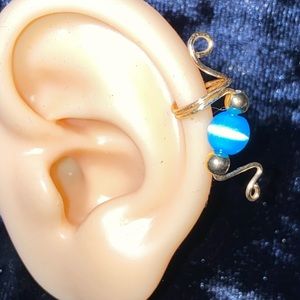 New gold tone blue cats eye ear cuff earring